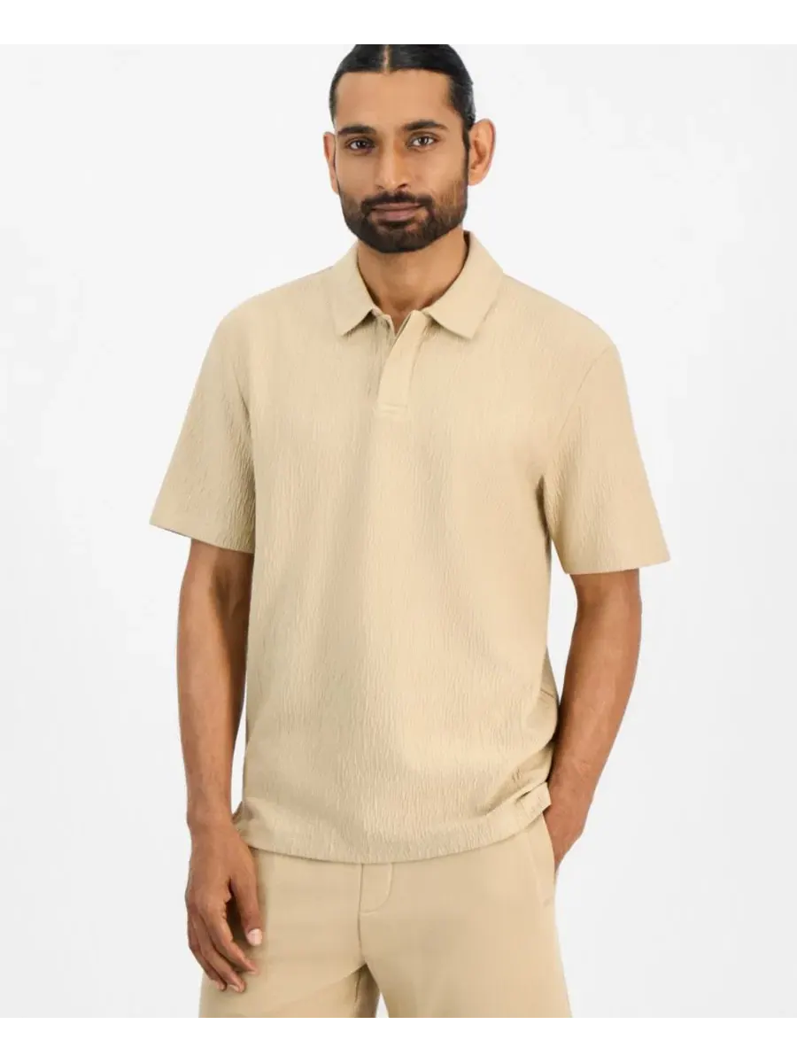 Поло из интерлока с защипами Classic Fit, модель Denopolo Creased Interlock Hugo Boss — изображение 3 из 4, бежевый