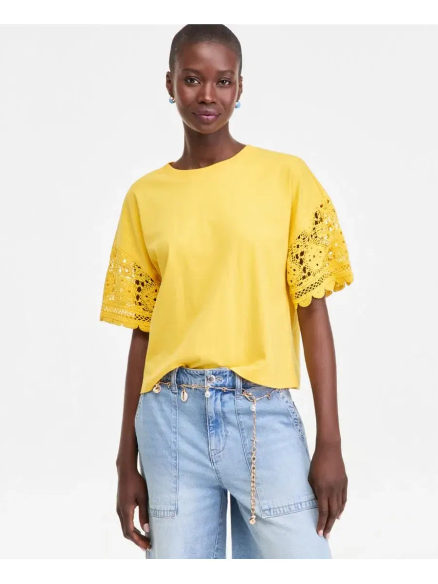 Футболка женская с кружевными рукавами, модель Crochet-Sleeve Jersey T-Shirt On 34th — изображение 1 из 5, сияющий