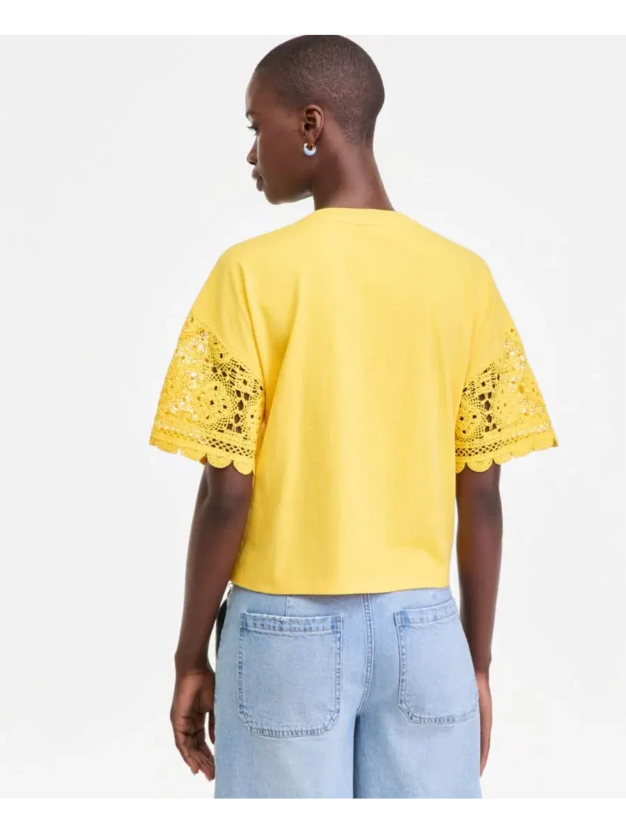Футболка женская с кружевными рукавами, модель Crochet-Sleeve Jersey T-Shirt On 34th — изображение 2 из 5, сияющий