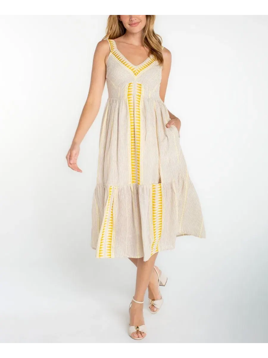 Укороченное миди-платье без рукавов с V-образным вырезом Liverpool Los Angeles — изображение 1 из 3, кремовый коричневый