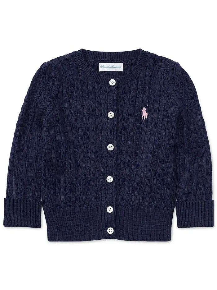 Хлопковый кардиган косой вязки для маленьких девочек Polo Ralph Lauren — изображение 1 из 5, темно-синий