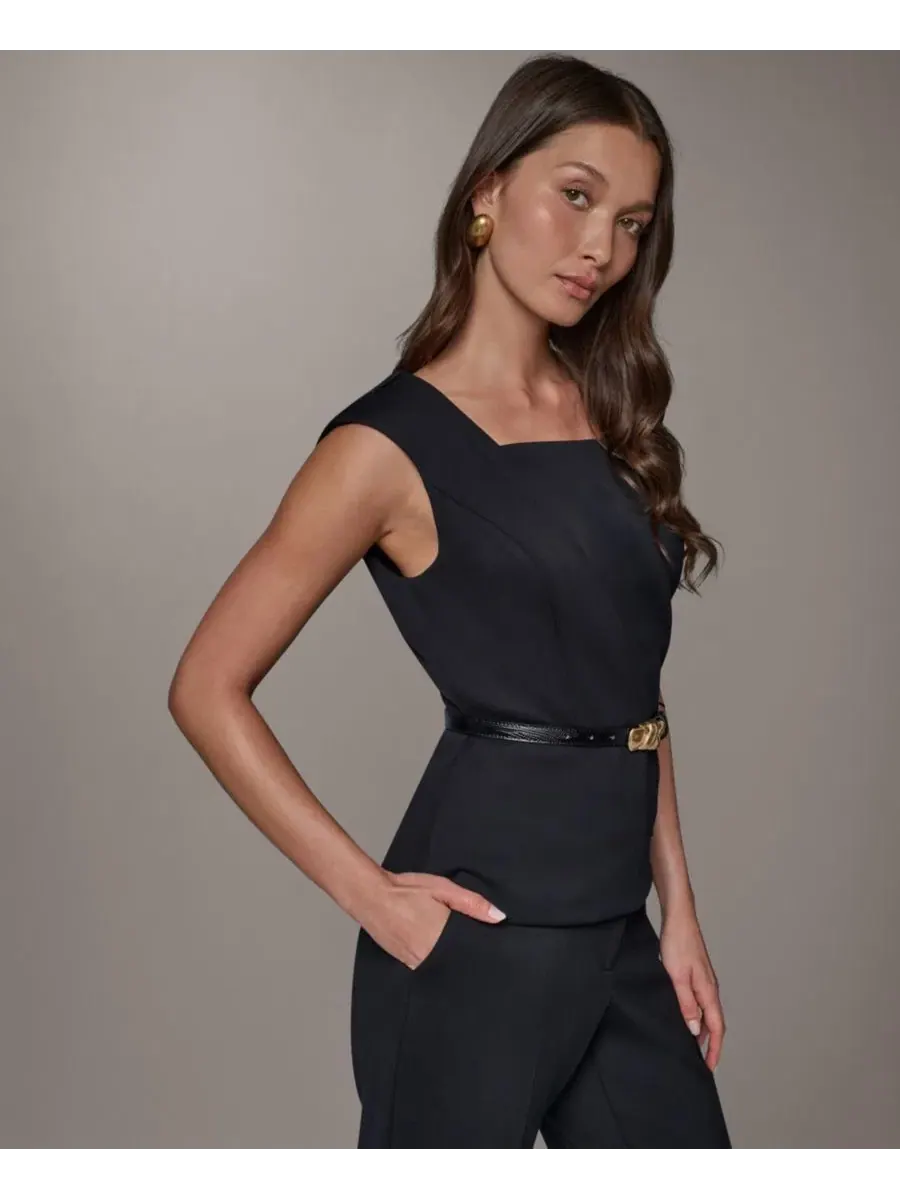 Топ без рукавов с квадратным вырезом и поясом Donna Karan New York — изображение 3 из 9, черный