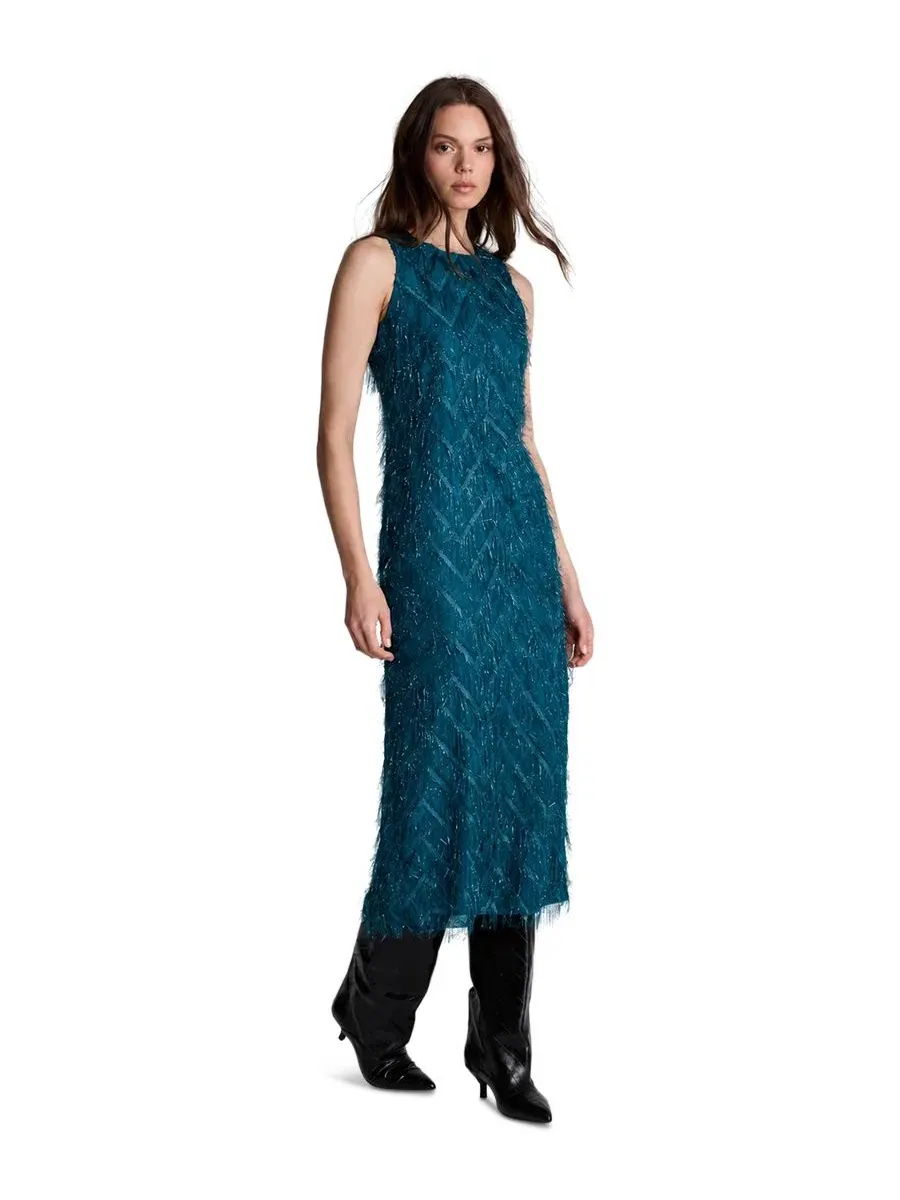 Платье миди с бахромой из органзы без рукавов Kenneth Cole, Teal Dusk — изображение 2 из 3