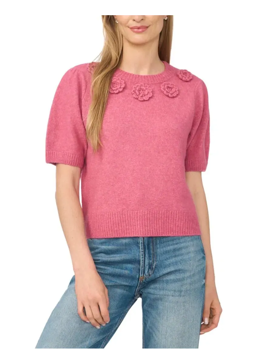 Женский свитер с коротким рукавом и цветочным декором Knit-Flower CeCe — изображение 1 из 4, розовый