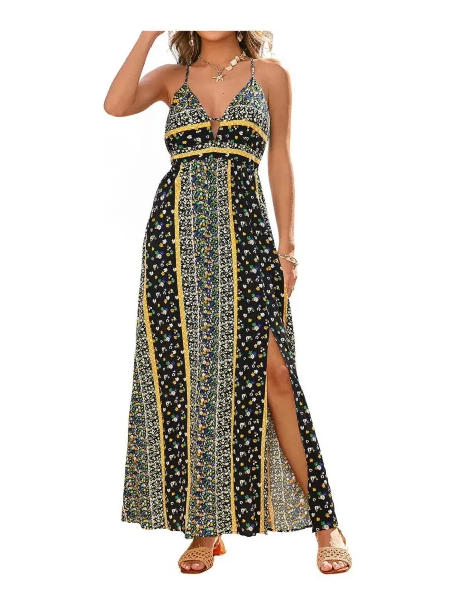 Пляжное платье-макси с V-образным вырезом, с разрезом по боку, Floral Print Halter Neck Side Slit — изображение 1 из 3