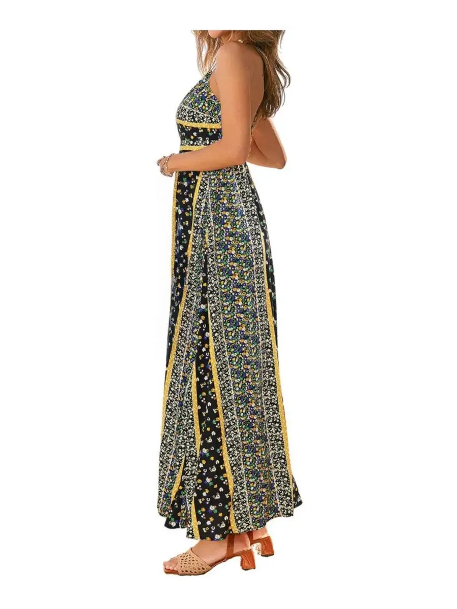 Пляжное платье-макси с V-образным вырезом, с разрезом по боку, Floral Print Halter Neck Side Slit — изображение 2 из 3