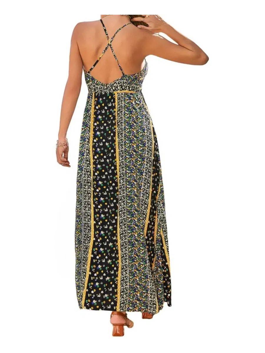 Пляжное платье-макси с V-образным вырезом, с разрезом по боку, Floral Print Halter Neck Side Slit — изображение 3 из 3