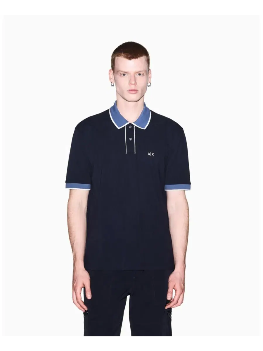 Мужское поло из хлопкового пике с цветными вставками A|X Armani Exchange — изображение 1 из 8, глубокий темно-синий