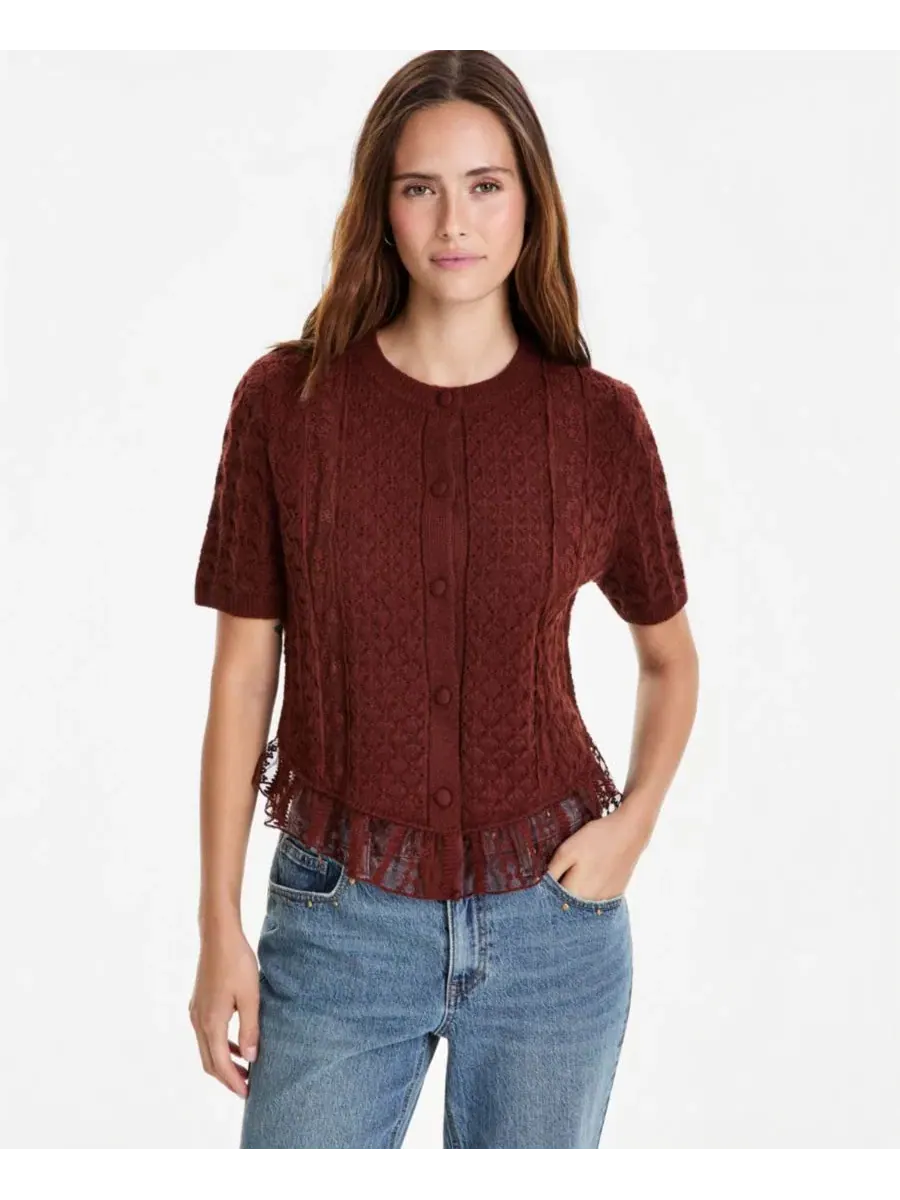 Кардиган с кружевной отделкой, короткий рукав And Now This, Deep Sienna — изображение 1 из 3