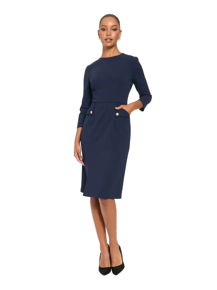 Платье-футляр миди с рукавом 3/4 Petite Sheath Midi London Times — изображение 3 из 4, темно-синий