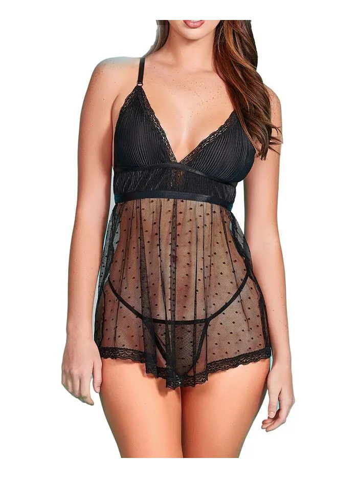 Женский комплект нижнего белья Babydoll из 2 предметов из плиссированного атласа и сетки в горошек