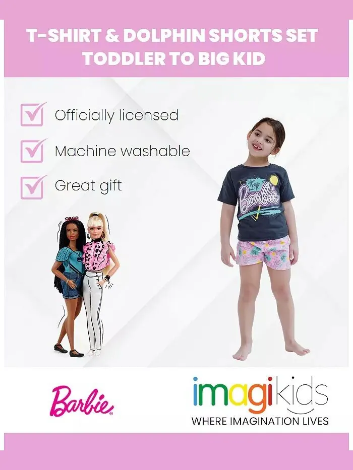 Комплект из футболки для девочек и шорт из французской махровой ткани Barbie — изображение 2 из 8, розовый/черный
