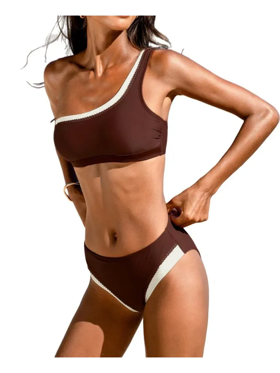 Женский бикини-комплект с одним плечом Cocoa Sunset Scallop Trim Cupshe — изображение 2 из 5, светлый бежевый