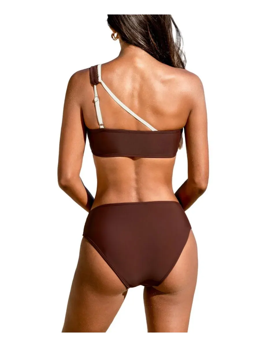 Женский бикини-комплект с одним плечом Cocoa Sunset Scallop Trim Cupshe — изображение 3 из 5, светлый бежевый
