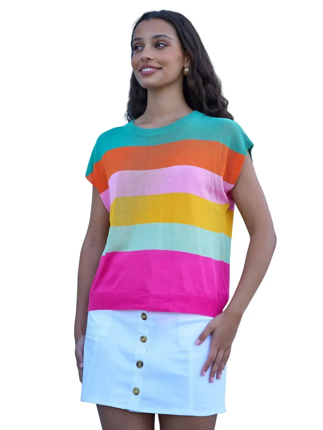 Женский свитер свободного кроя с полосатым принтом, модель Block Stripe Relaxed Knitted Top Yumi — изображение 1 из 5, мульти