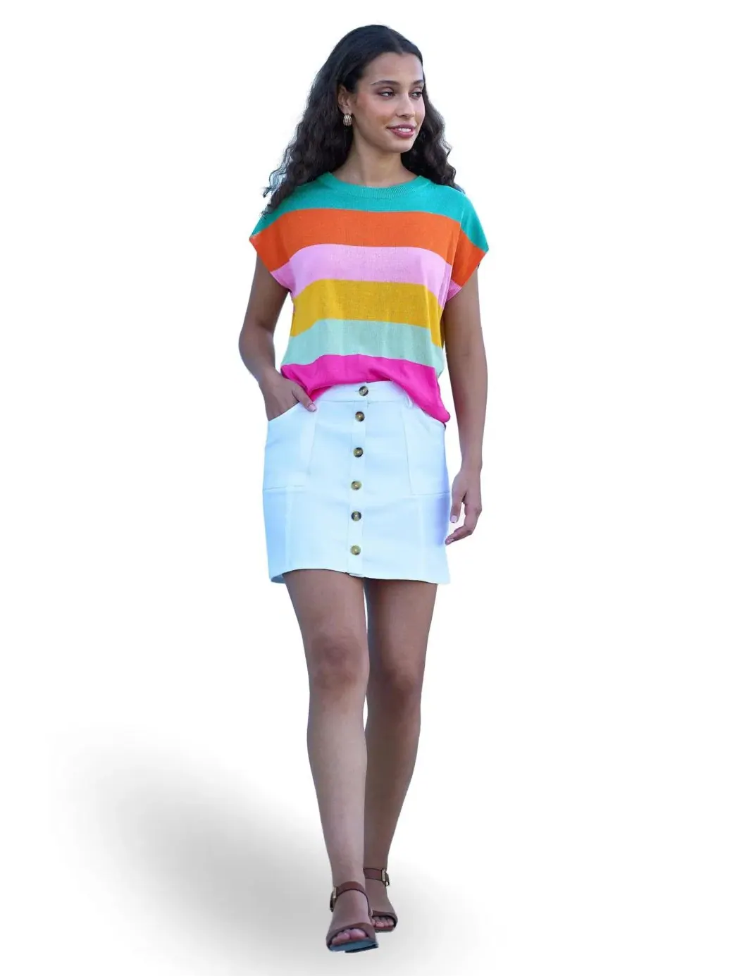 Женский свитер свободного кроя с полосатым принтом, модель Block Stripe Relaxed Knitted Top Yumi — изображение 2 из 5, мульти