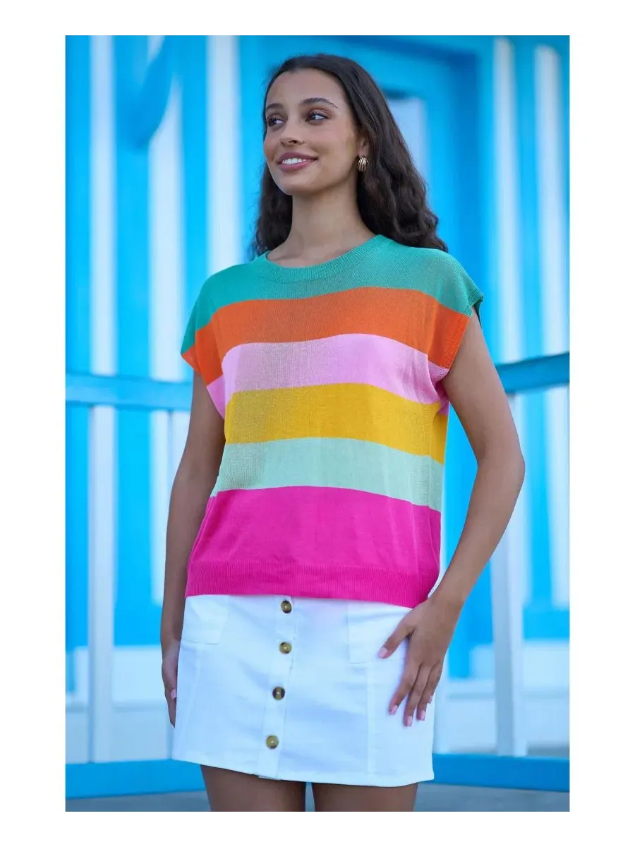 Женский свитер свободного кроя с полосатым принтом, модель Block Stripe Relaxed Knitted Top Yumi — изображение 4 из 5, мульти
