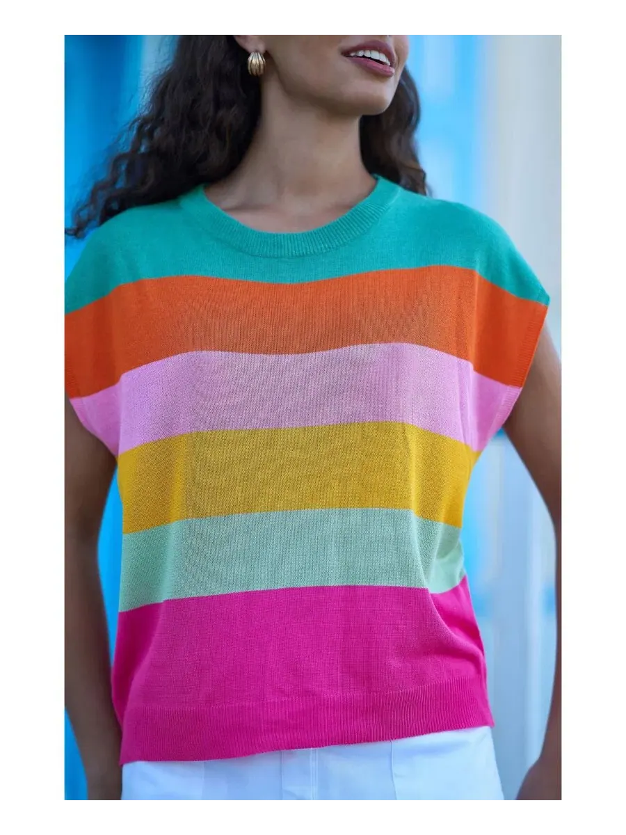 Женский свитер свободного кроя с полосатым принтом, модель Block Stripe Relaxed Knitted Top Yumi — изображение 5 из 5, мульти