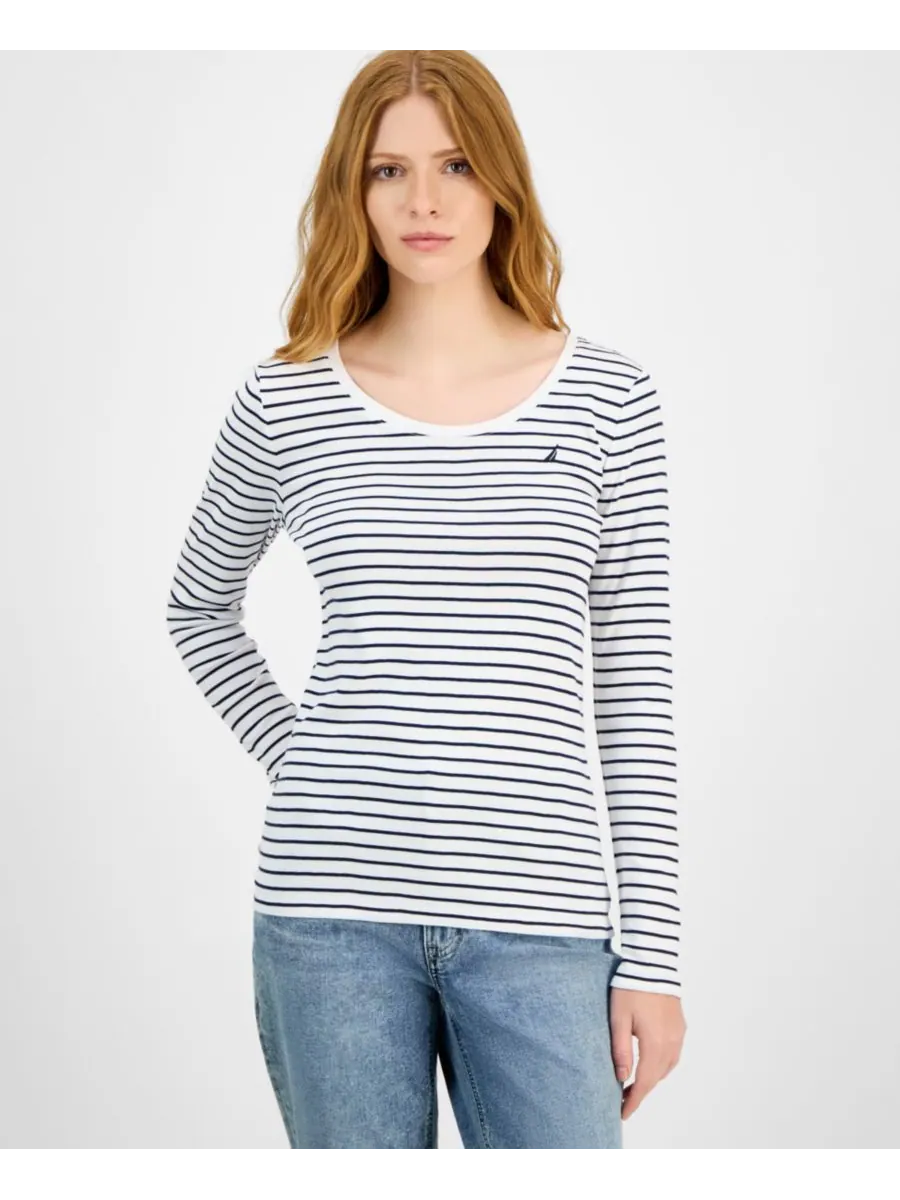 Женская хлопковая футболка в полоску с круглым вырезом Nautica Jeans — изображение 1 из 4, яркий белый
