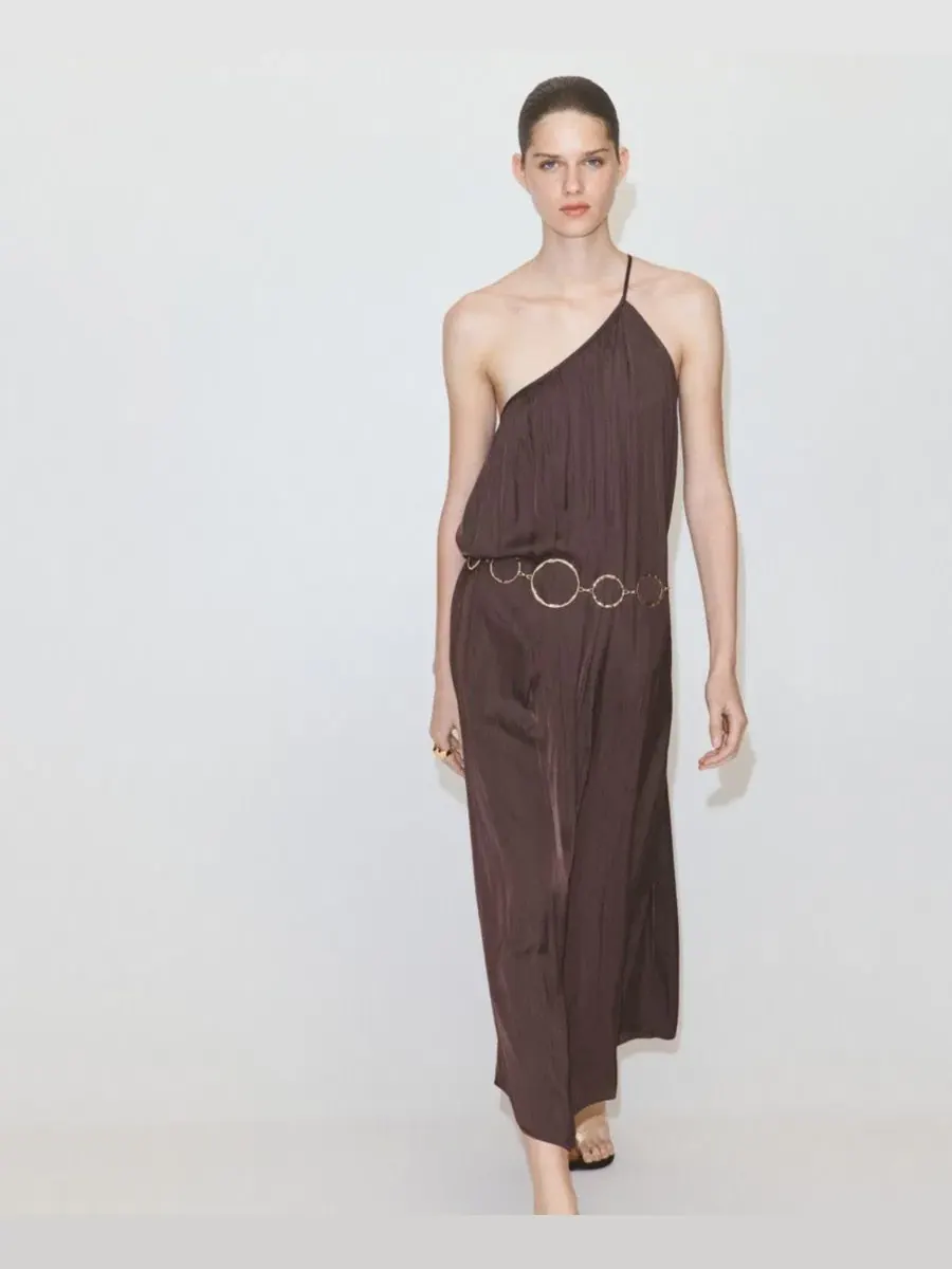 Платье с асимметричным вырезом и драпировкой Maroon MANGO — изображение 1 из 7, коричневый