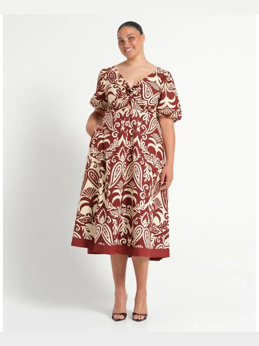 Платье-миди Aurela Cotton Print Twist Midi Dress ESTELLE — изображение 4 из 7, терракотовый