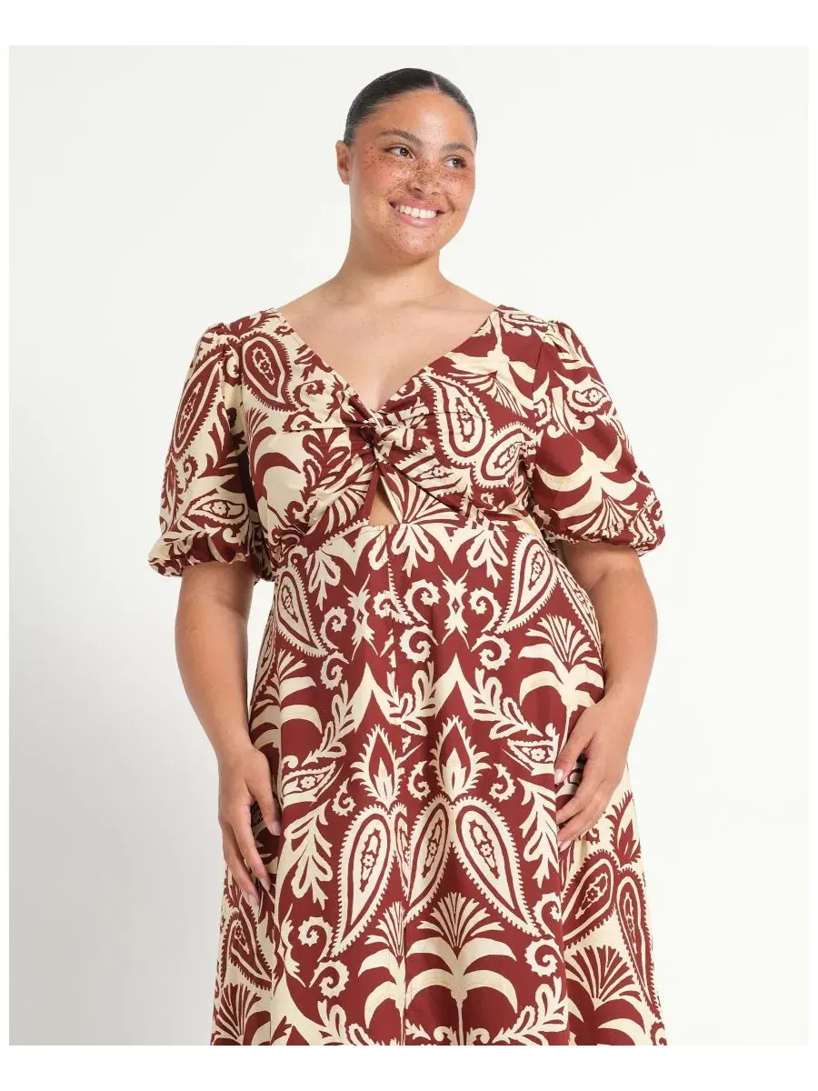 Платье-миди Aurela Cotton Print Twist Midi Dress ESTELLE — изображение 6 из 7, терракотовый