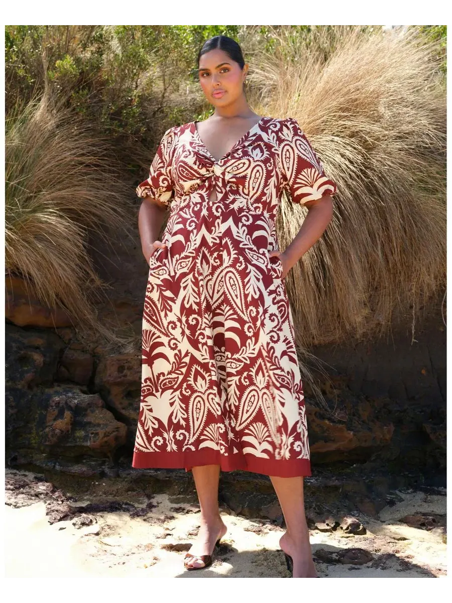 Платье-миди Aurela Cotton Print Twist Midi Dress ESTELLE — изображение 7 из 7, терракотовый