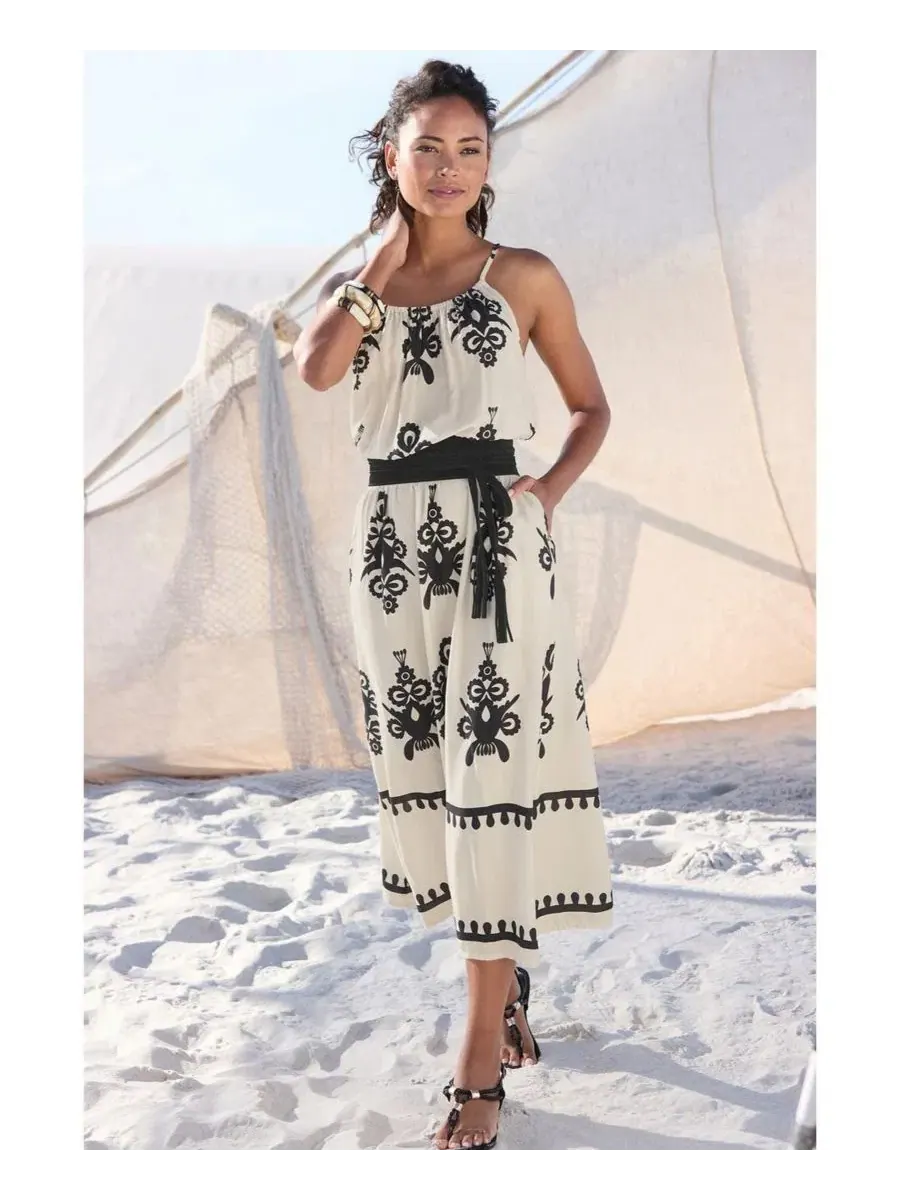 Платье-трапеция с принтом Women's Ornamental Print Dress LASCANA — изображение 2 из 6, песочный черный