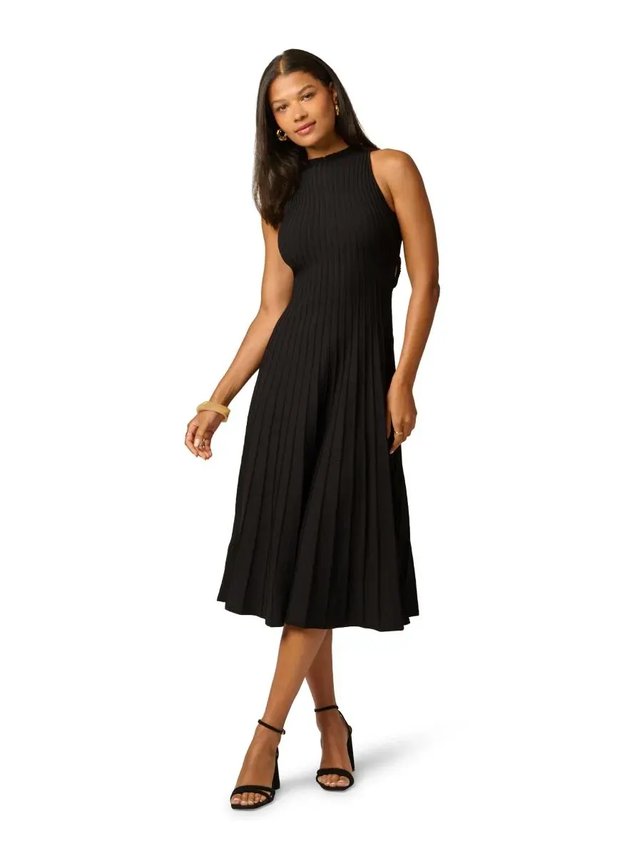 Платье миди с принтом, модель Women's Mock-Neck Side-Cutout Rib-Knit Midi Dress Adrianna — изображение 1 из 5, черный