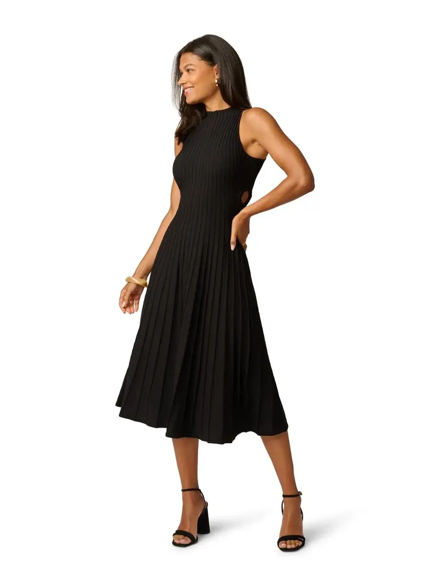 Платье миди с принтом, модель Women's Mock-Neck Side-Cutout Rib-Knit Midi Dress Adrianna — изображение 2 из 5, черный