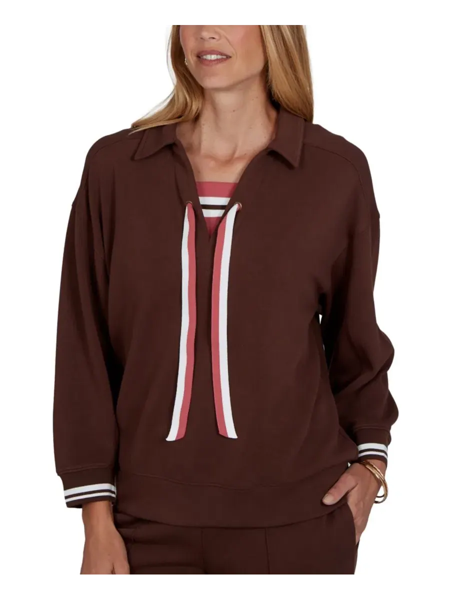 Пуловер с завязками и полосатой отделкой Petite Drawstring Stripe-Trim 3/4-Sleeve Pullover Top Ruby — изображение 1 из 5