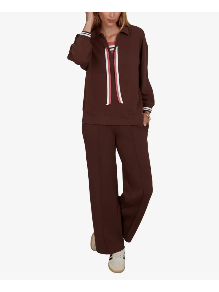 Пуловер с завязками и полосатой отделкой Petite Drawstring Stripe-Trim 3/4-Sleeve Pullover Top Ruby — изображение 2 из 5