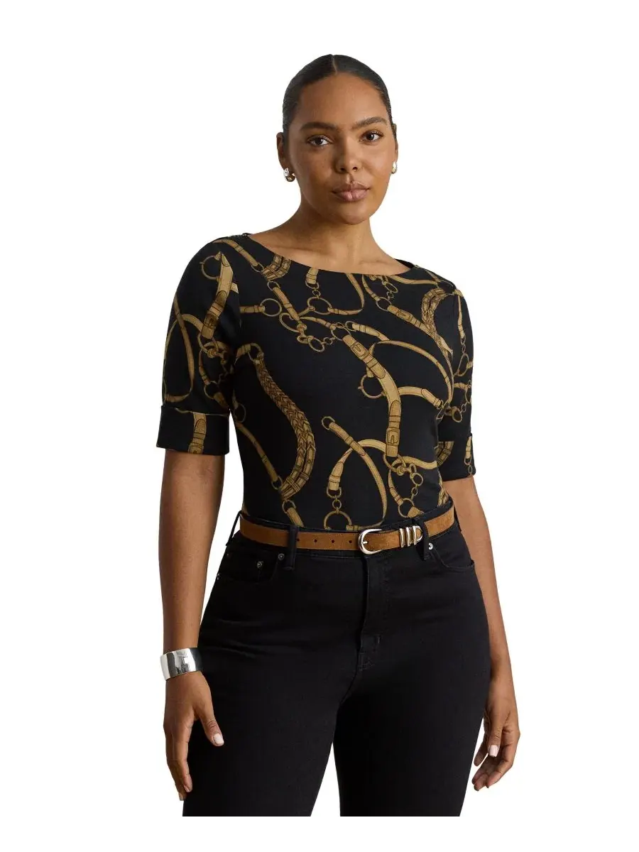 Футболка с принтом Belting Print Lauren Ralph Lauren — изображение 1 из 7, черный/бежевый