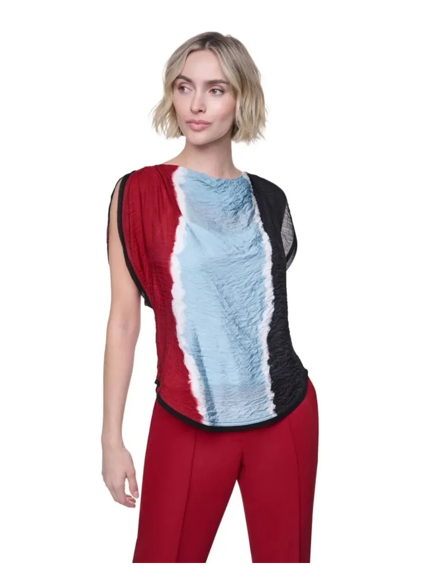 Топ с летящим рукавом и драпированным вырезом-качели DKNY — изображение 1 из 6, черный/красный мульти