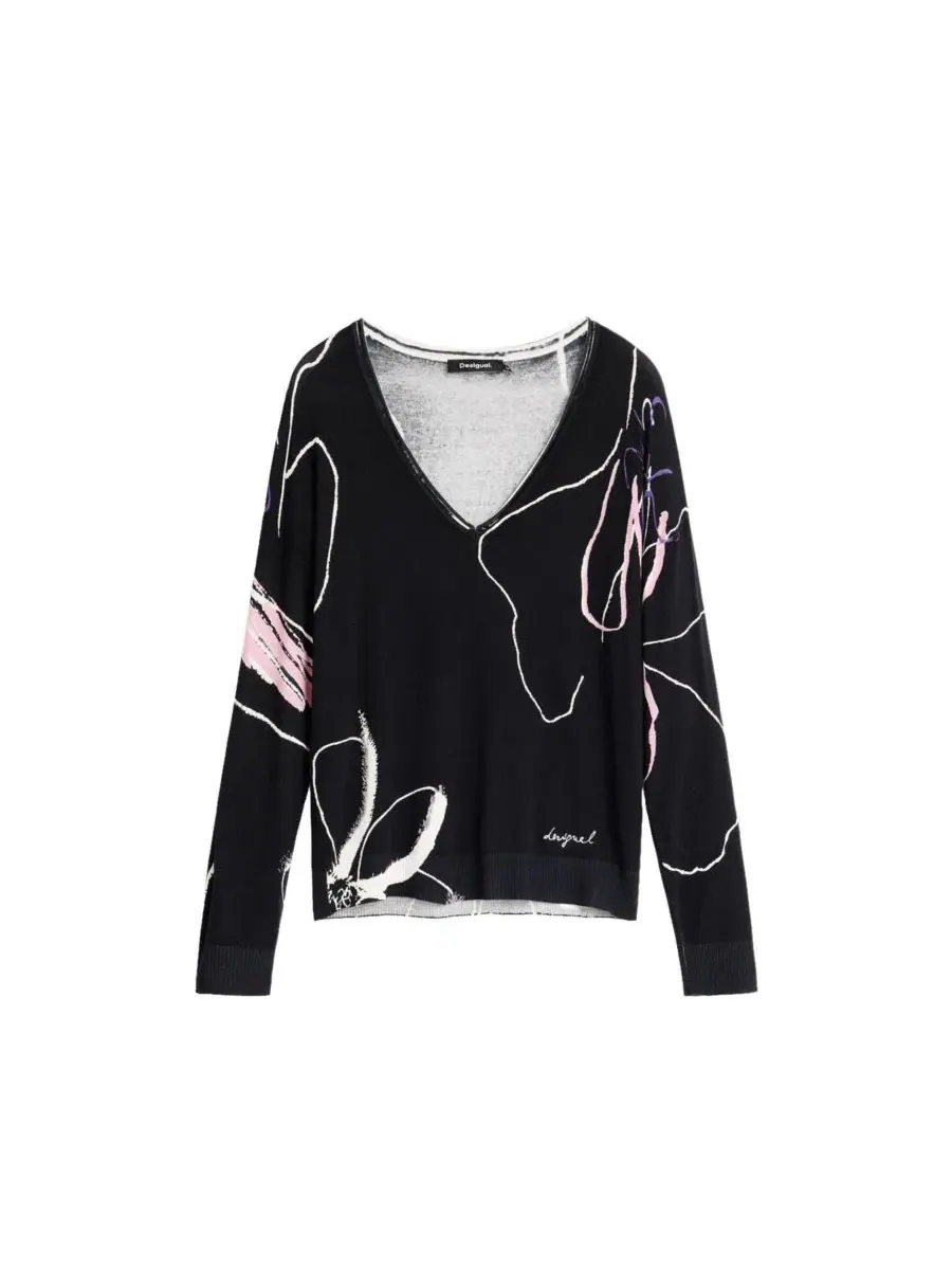 Женский свитер с V-образным вырезом и абстрактным принтом Desigual — изображение 5 из 5, черный