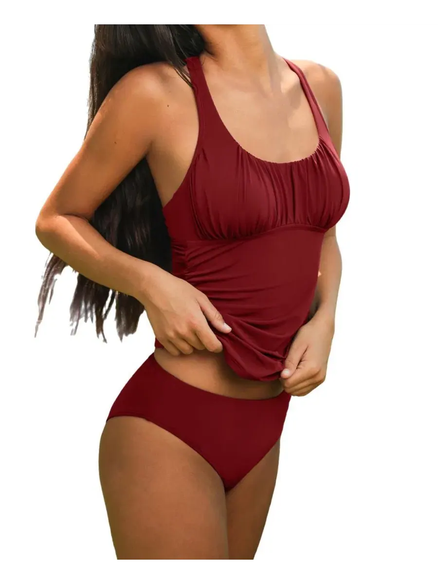 Танкини с мягкими съемными чашечками, модель Scoop Neck Cross-Back Cupshe — изображение 2 из 5, темный красный