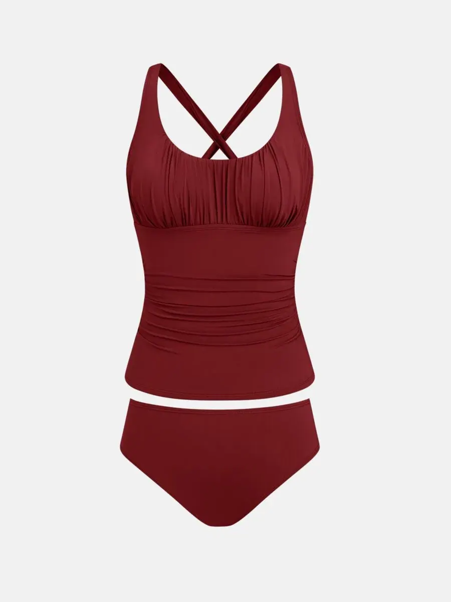 Танкини с мягкими съемными чашечками, модель Scoop Neck Cross-Back Cupshe — изображение 4 из 5, темный красный