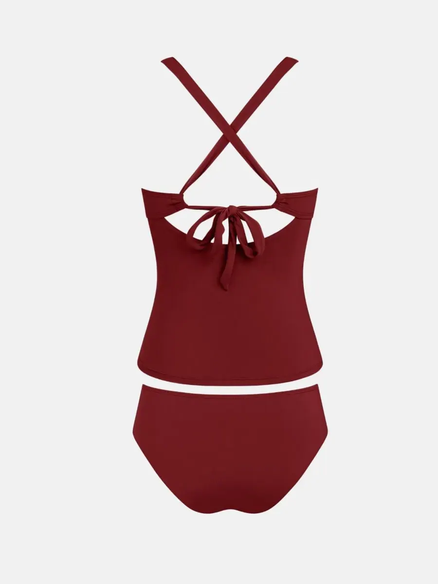 Танкини с мягкими съемными чашечками, модель Scoop Neck Cross-Back Cupshe — изображение 5 из 5, темный красный