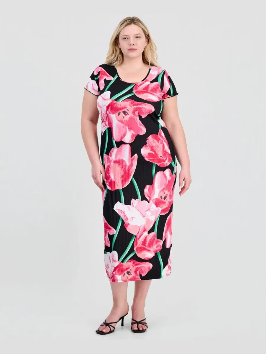 Платье-миди с коротким рукавом с принтом, модель Trendy Plus Size Printed Short-Sleeve Midi Dress — изображение 1 из 3