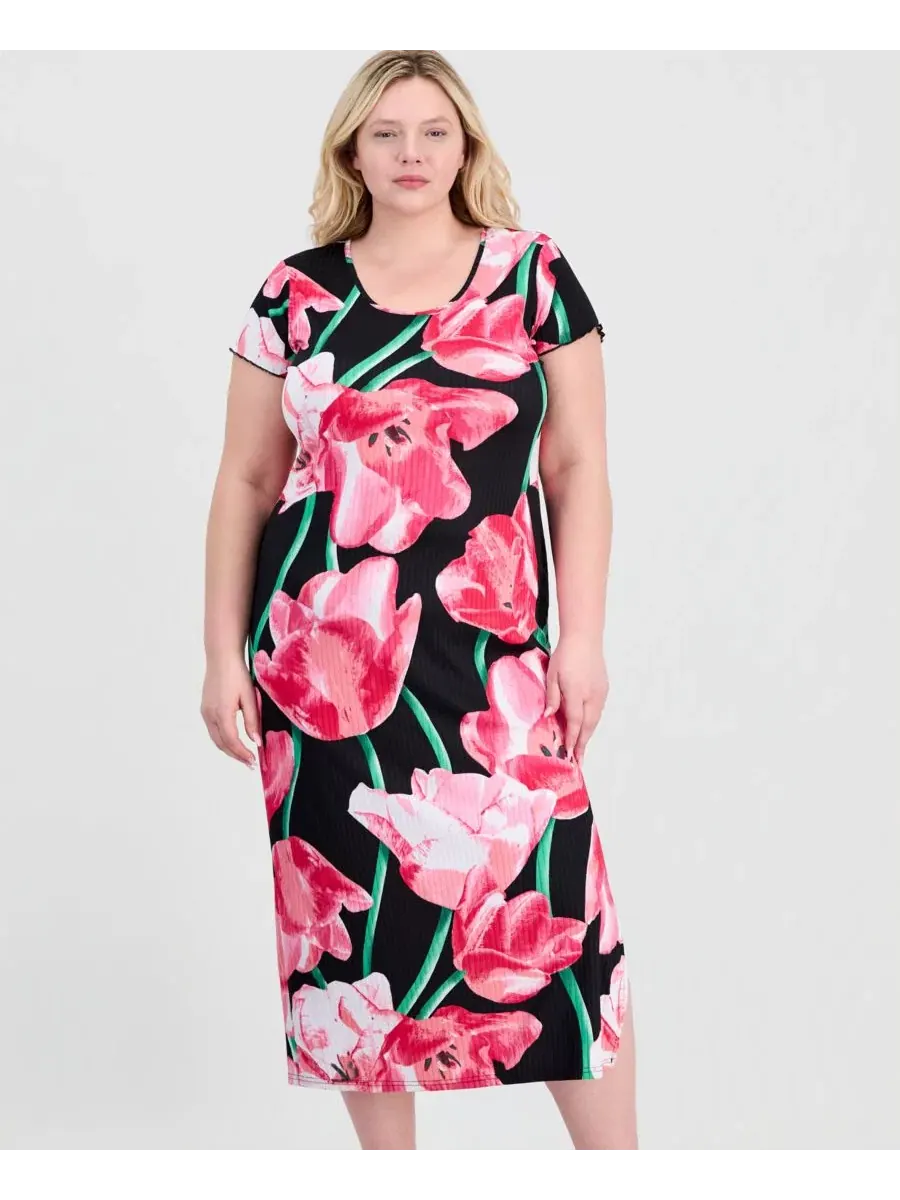 Платье-миди с коротким рукавом с принтом, модель Trendy Plus Size Printed Short-Sleeve Midi Dress — изображение 3 из 3