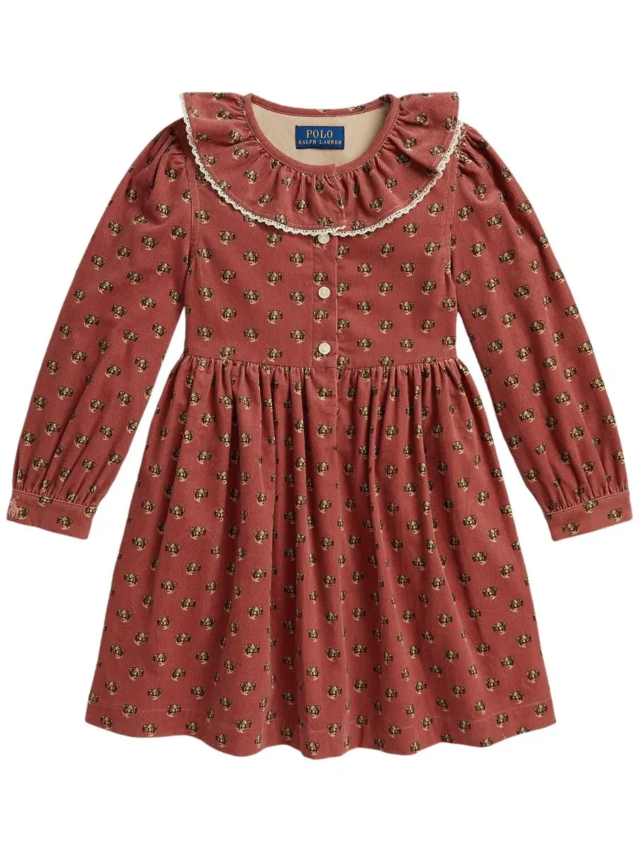 Платье-трапеция из хлопкового вельвета с принтом Polo Ralph Lauren — изображение 2 из 4, розовый