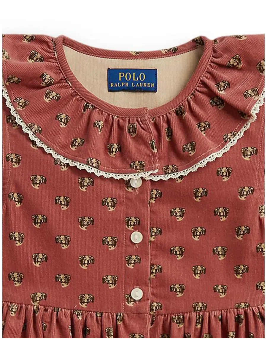 Платье-трапеция из хлопкового вельвета с принтом Polo Ralph Lauren — изображение 4 из 4, розовый