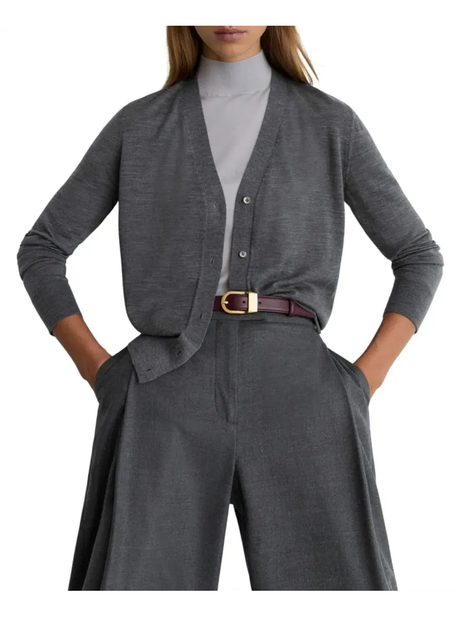 Кардиган женский с V-образным вырезом, длинным рукавом, Simi Merino Wool REISS — изображение 1 из 5, темно-серый серый