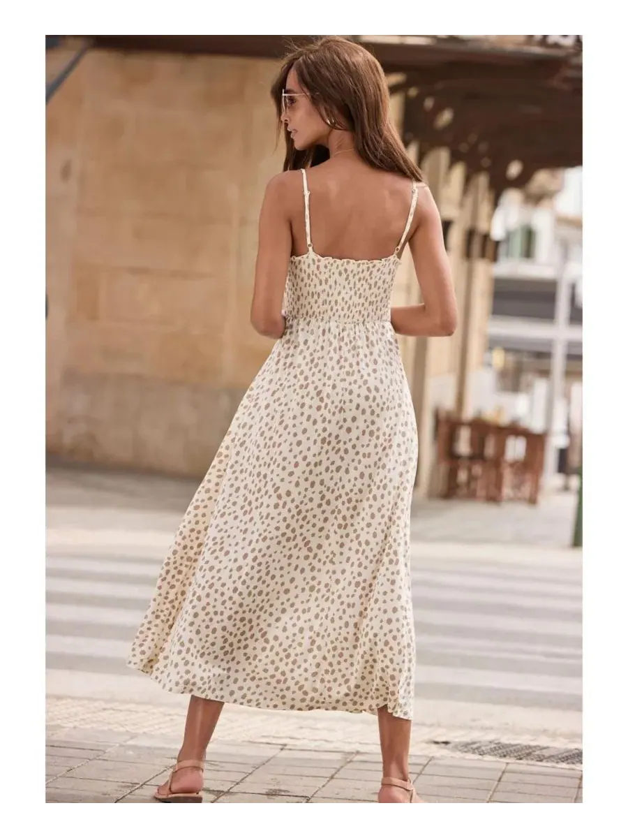 Платье миди с принтом, модель Smocked Dot Print LASCANA — изображение 3 из 5, слоновая кость