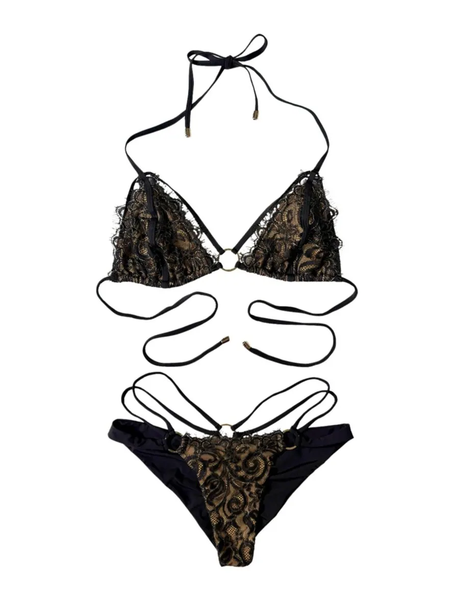 Женские кружевные плавки-бикини с бретелями и золотым кольцом Beach Bunny Swimwear — изображение 4 из 7, черный