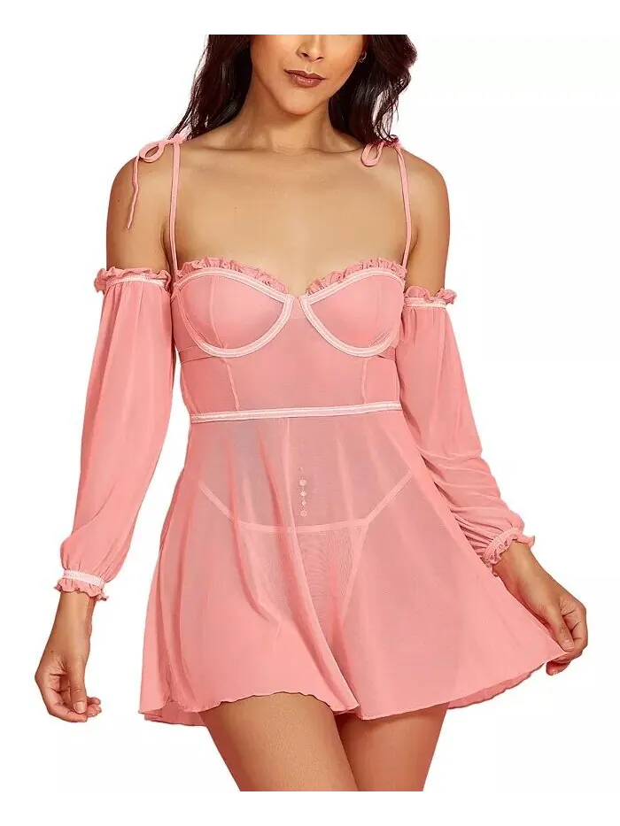 Женский комплект нижнего белья Babydoll из 2 предметов из прозрачной мягкой сетки с пришитыми