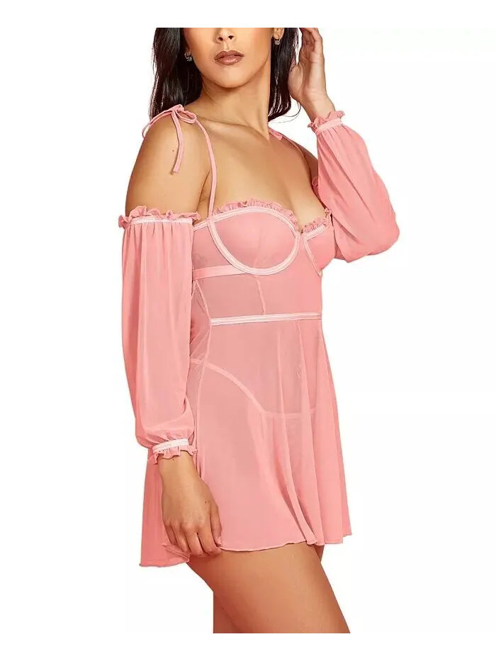 Женский комплект нижнего белья Babydoll из 2 предметов из прозрачной мягкой сетки с пришитыми — изображение 2 из 3, розовый