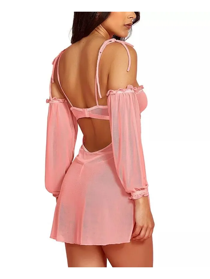 Женский комплект нижнего белья Babydoll из 2 предметов из прозрачной мягкой сетки с пришитыми — изображение 3 из 3, розовый