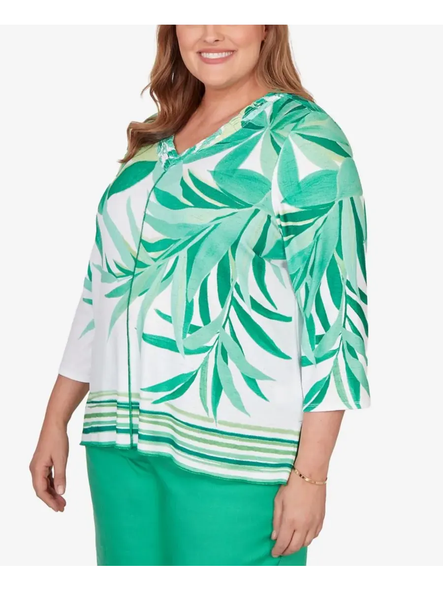 Верхняя часть платья Plus Size Resort Living с декоративной окантовкой из листьев Alfred Dunner — изображение 2 из 5, зеленый