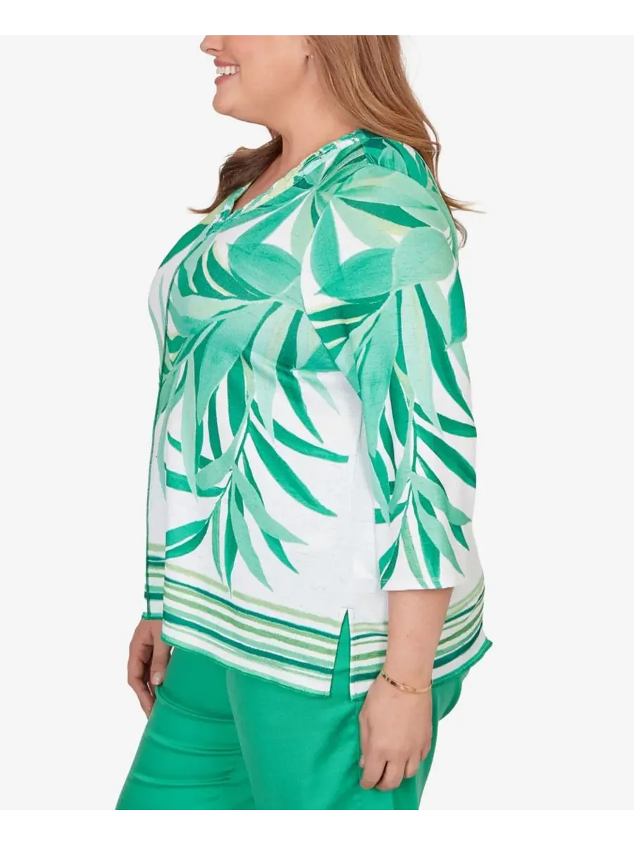Верхняя часть платья Plus Size Resort Living с декоративной окантовкой из листьев Alfred Dunner — изображение 3 из 5, зеленый
